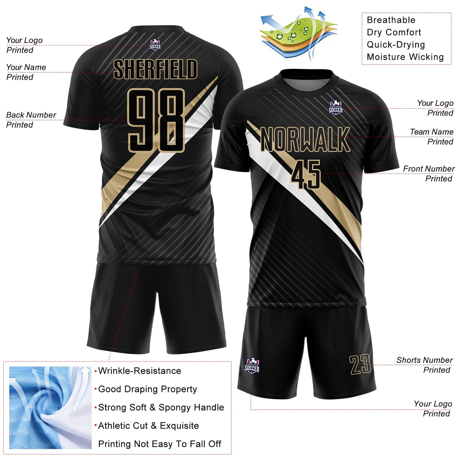 Custom Black Vegas Gold-White Diagonal Stripes Sports Sublimation Soccer Uniform Jersey view 4