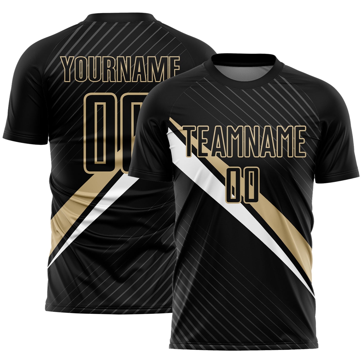Custom Black Vegas Gold-White Diagonal Stripes Sports Sublimation Soccer Uniform Jersey - Main View