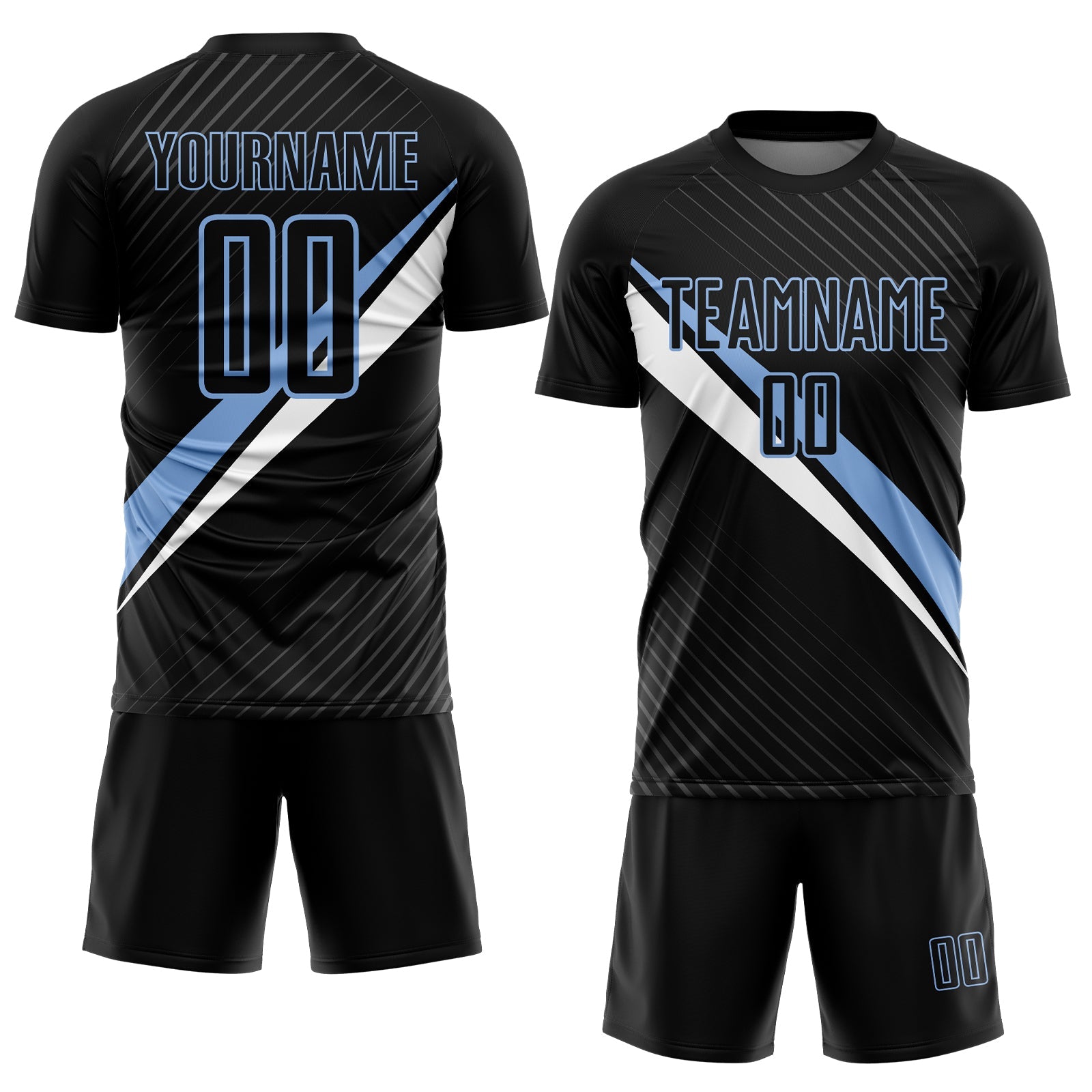 Custom Black Light Blue-White Diagonal Stripes Sports Sublimation Soccer Uniform Jersey view 2