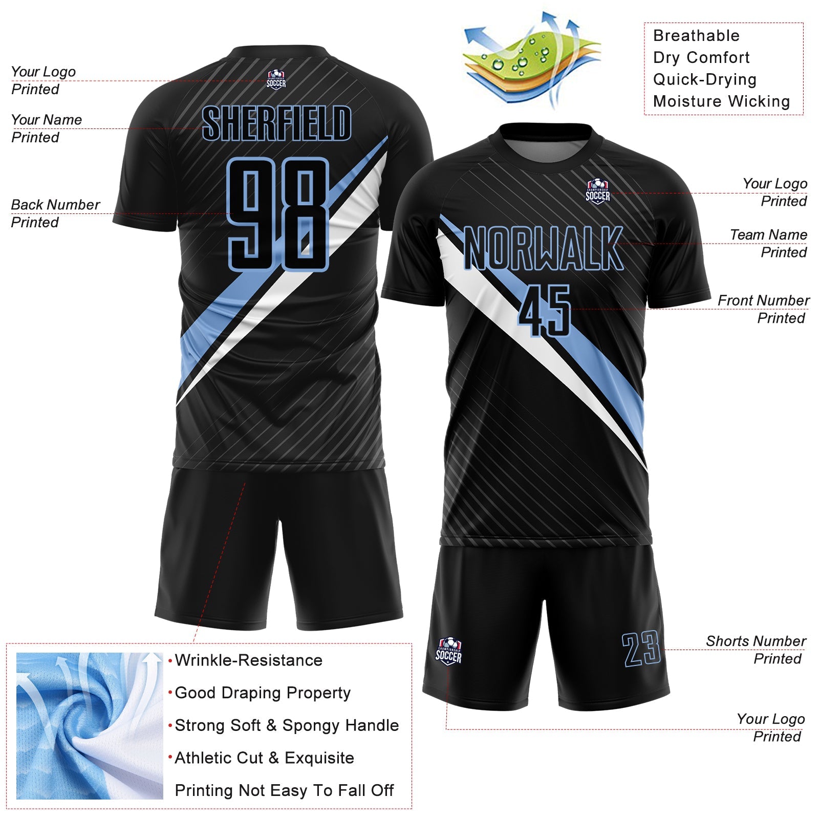 Custom Black Light Blue-White Diagonal Stripes Sports Sublimation Soccer Uniform Jersey view 4