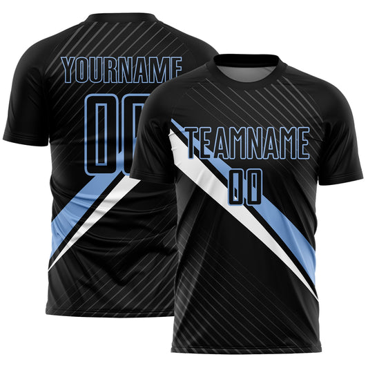 Custom Black Light Blue-White Diagonal Stripes Sports Sublimation Soccer Uniform Jersey - Main View