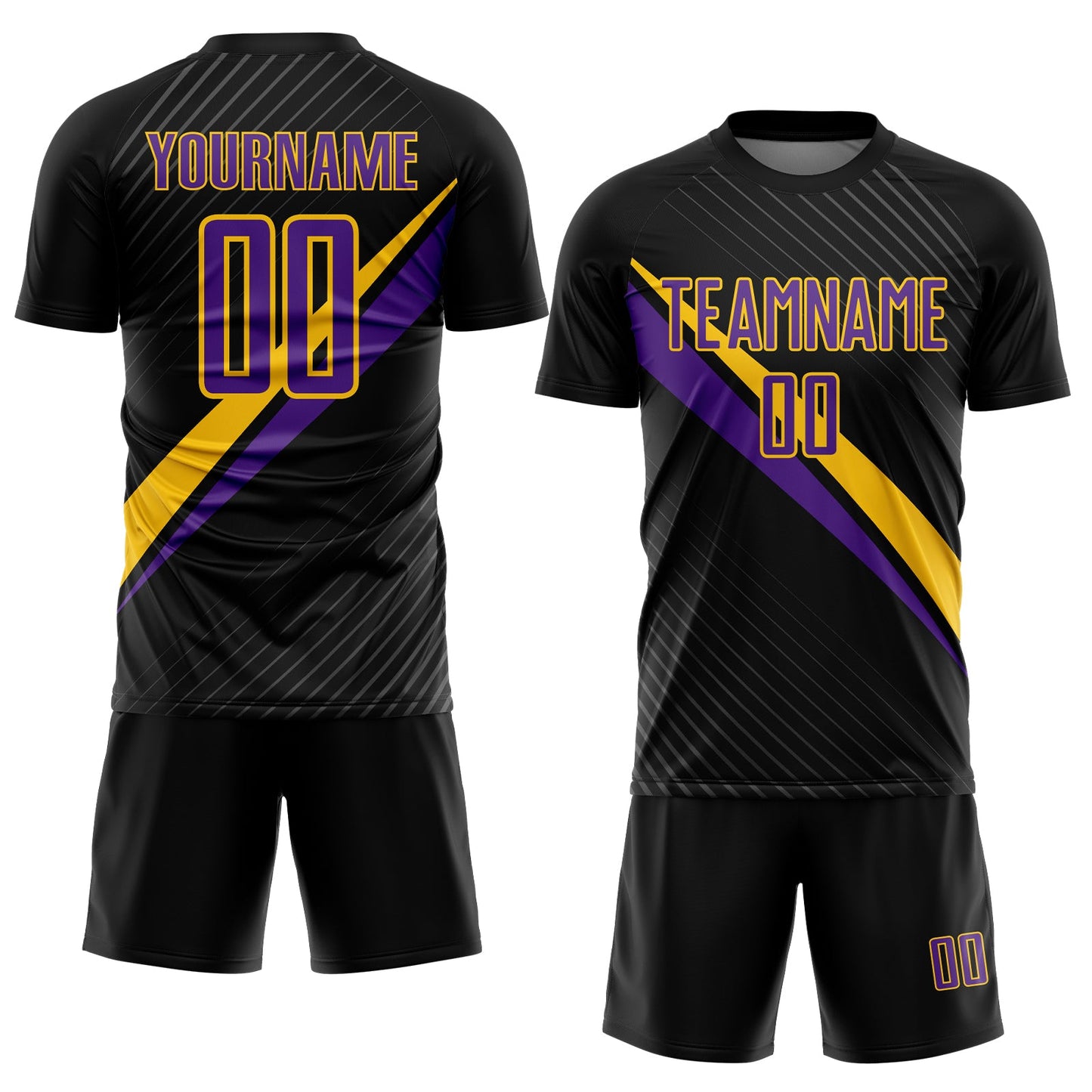 Custom Black Purple-Yellow Diagonal Stripes Sports Sublimation Soccer Uniform Jersey view 2