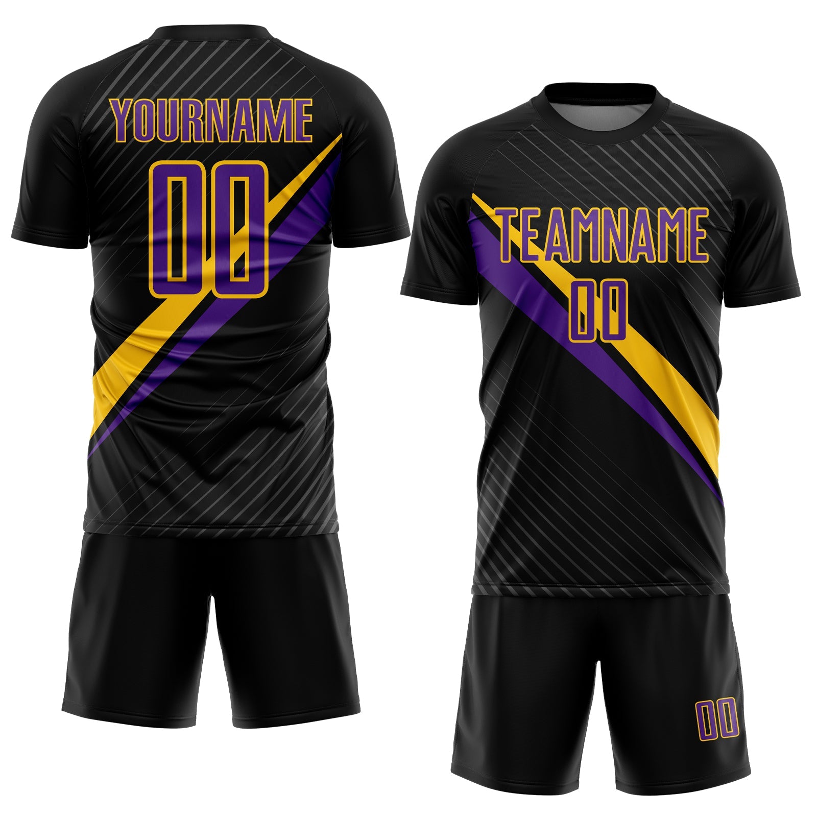 Custom Black Purple-Yellow Diagonal Stripes Sports Sublimation Soccer Uniform Jersey view 2