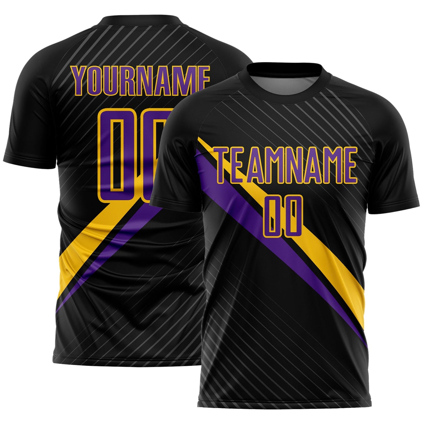 Custom Black Purple-Yellow Diagonal Stripes Sports Sublimation Soccer Uniform Jersey - Main View