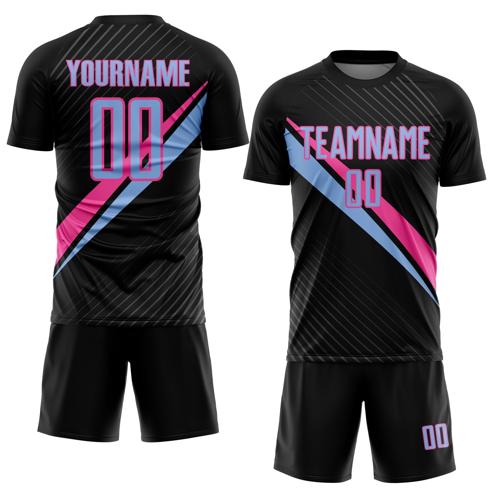 Custom Black Light Blue-Pink Diagonal Stripes Sports Sublimation Soccer Uniform Jersey view 2