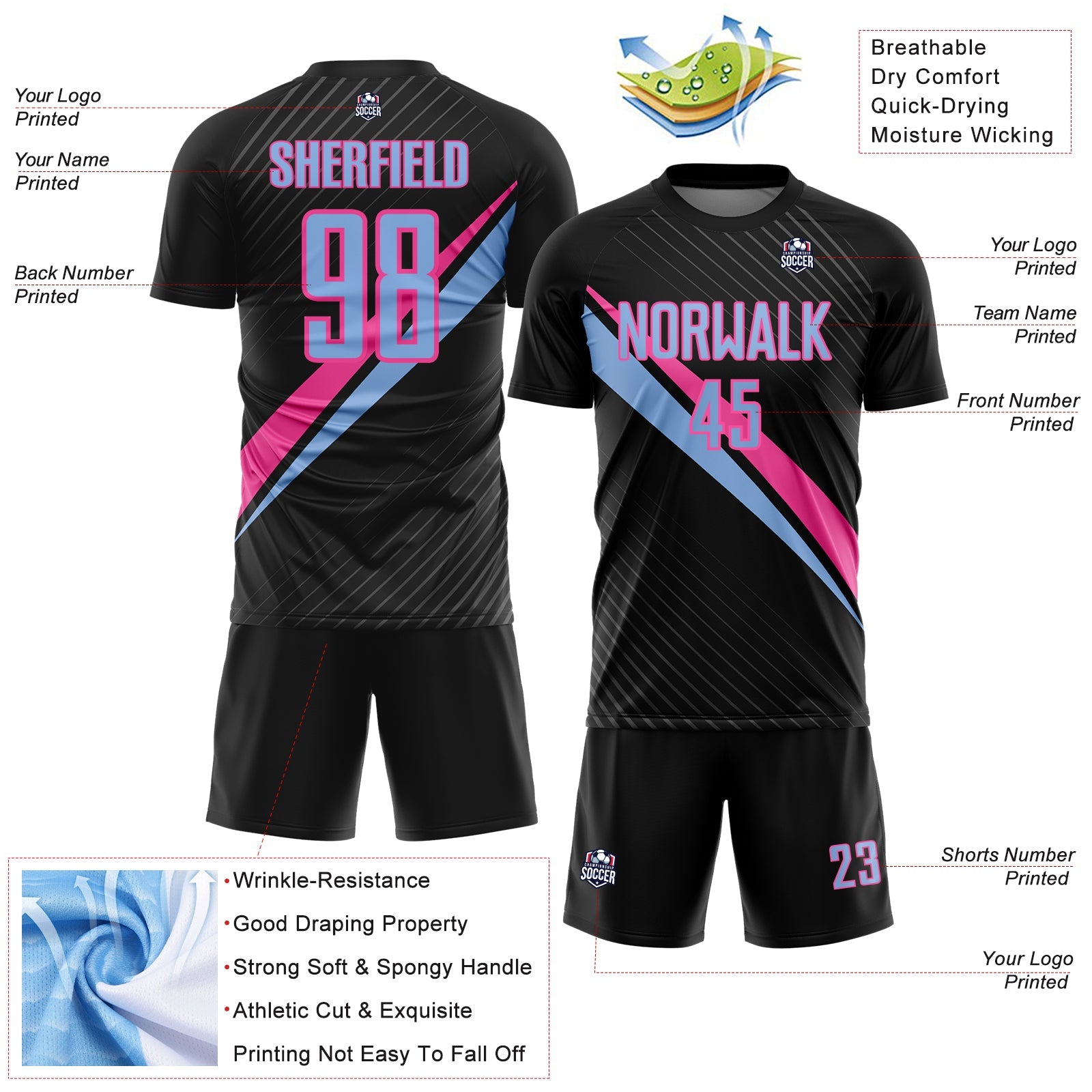 Custom Black Light Blue-Pink Diagonal Stripes Sports Sublimation Soccer Uniform Jersey view 4