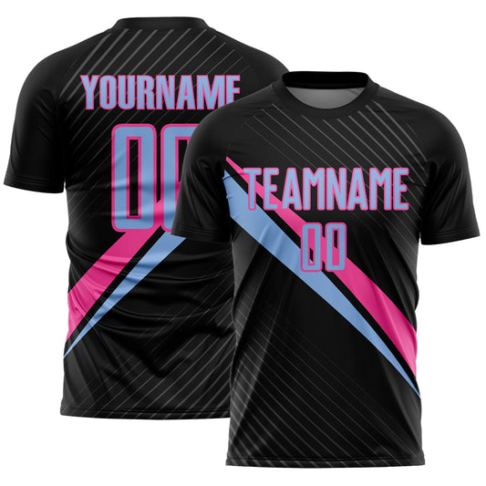 Custom Black Light Blue-Pink Diagonal Stripes Sports Sublimation Soccer Uniform Jersey - Main View
