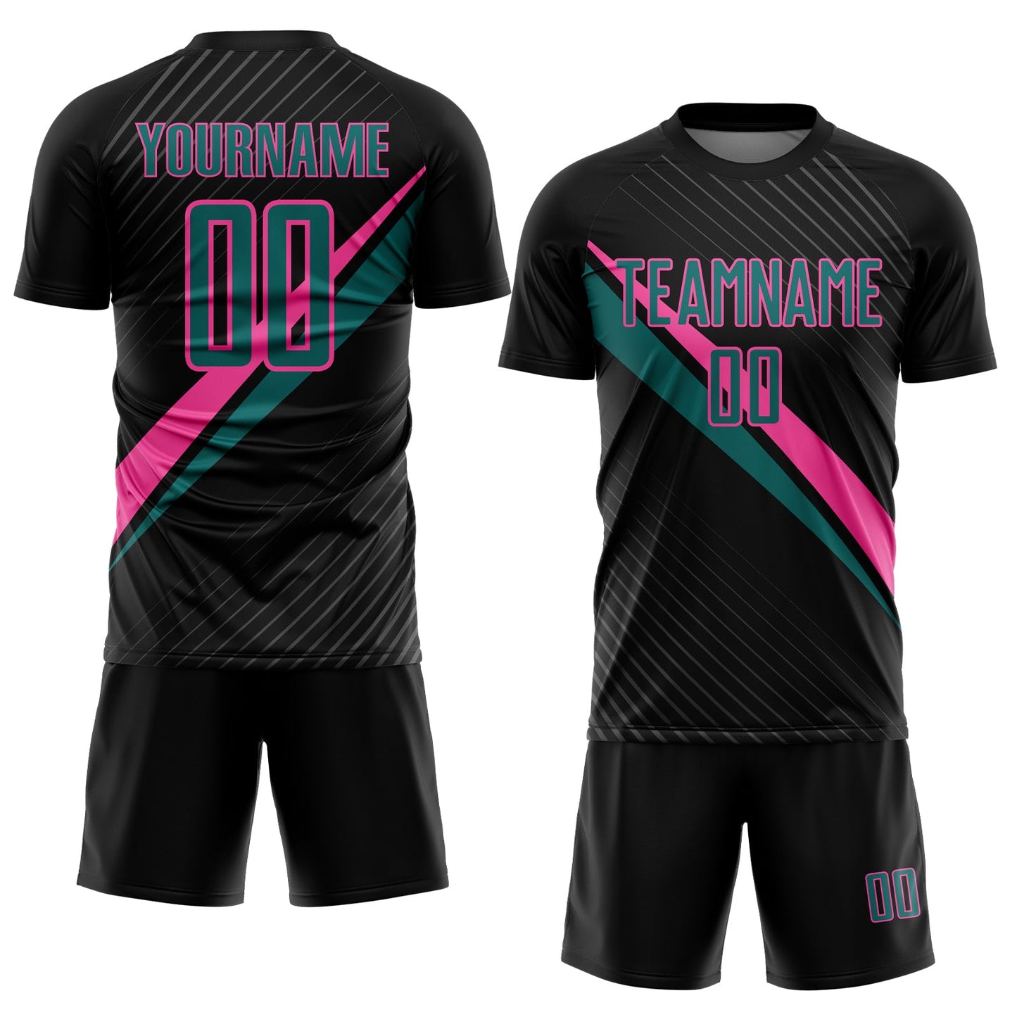 Custom Black Teal-Pink Diagonal Stripes Sports Sublimation Soccer Uniform Jersey view 2