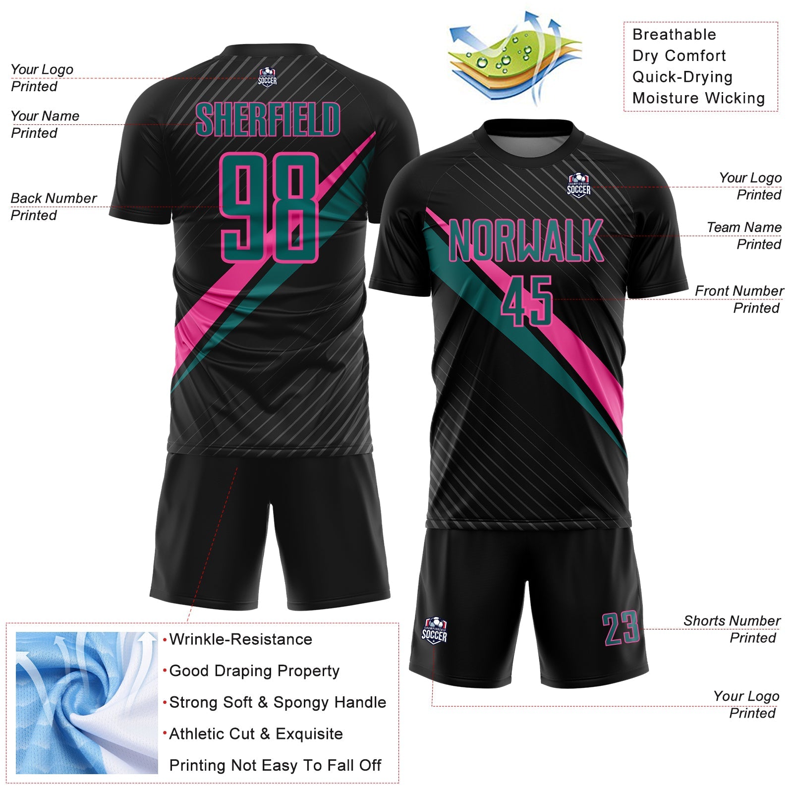 Custom Black Teal-Pink Diagonal Stripes Sports Sublimation Soccer Uniform Jersey view 4