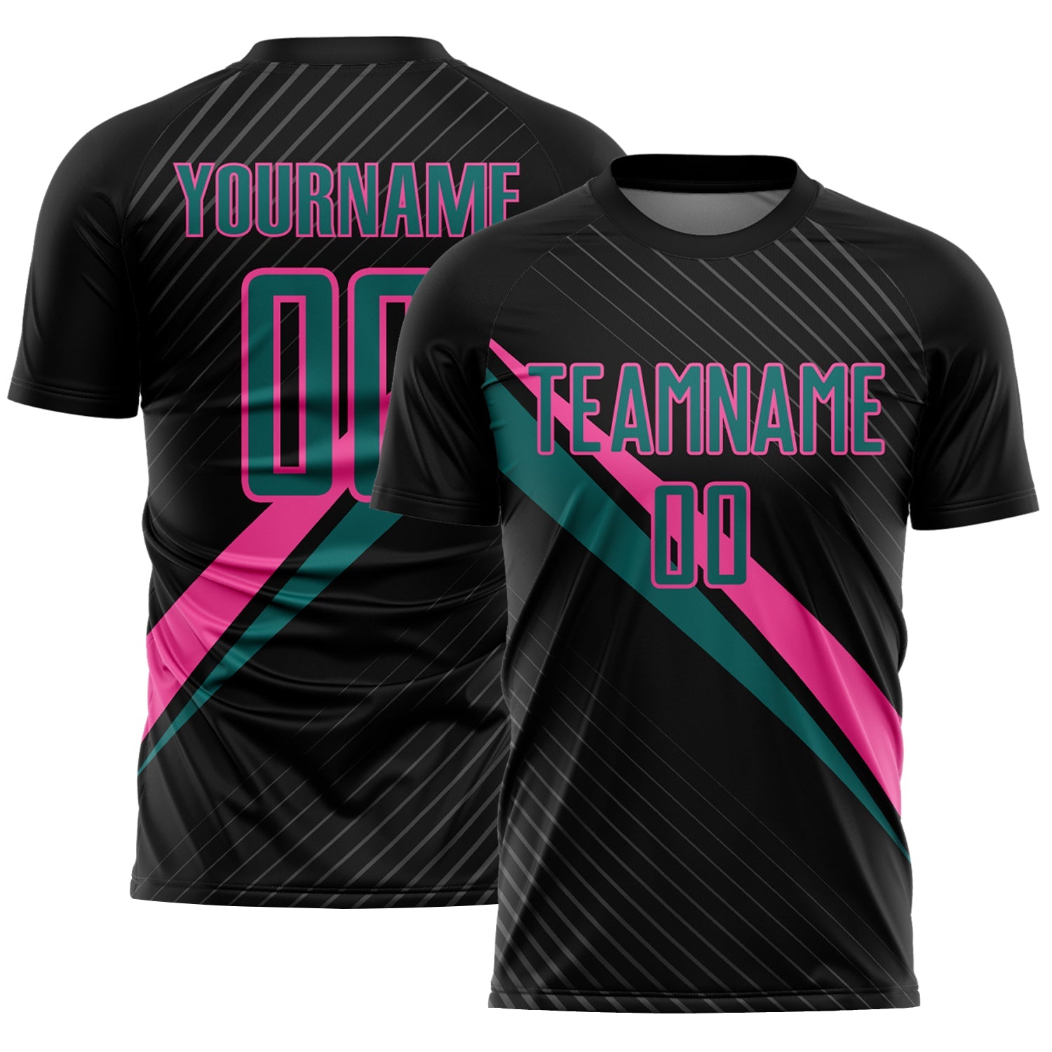Custom Black Teal-Pink Diagonal Stripes Sports Sublimation Soccer Uniform Jersey - Main View