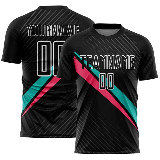 Custom Black White Aqua-Neon Pink Diagonal Stripes Sports Sublimation Soccer Uniform Jersey - Main View