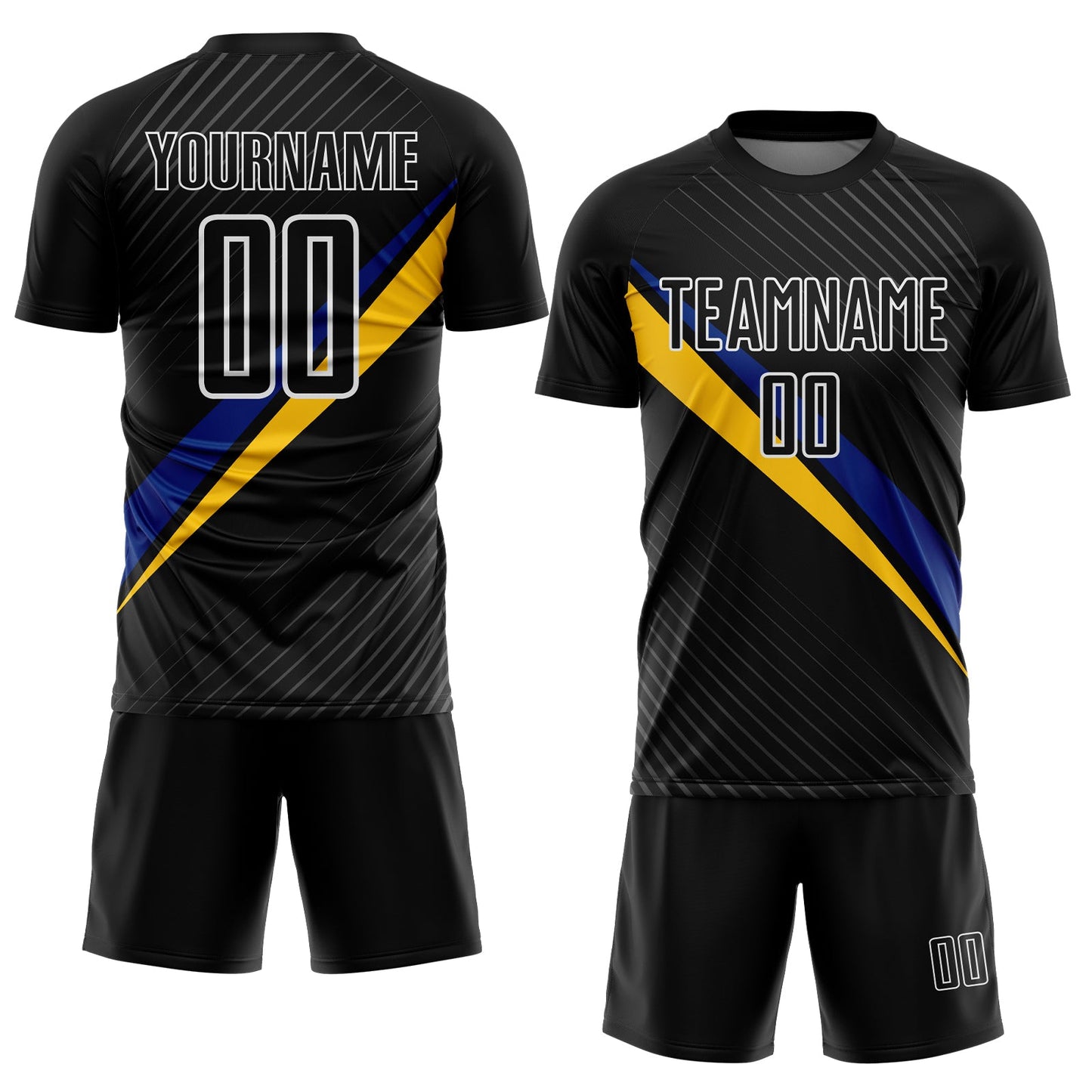 Custom Black White Royal-Yellow Diagonal Stripes Sports Sublimation Soccer Uniform Jersey view 2