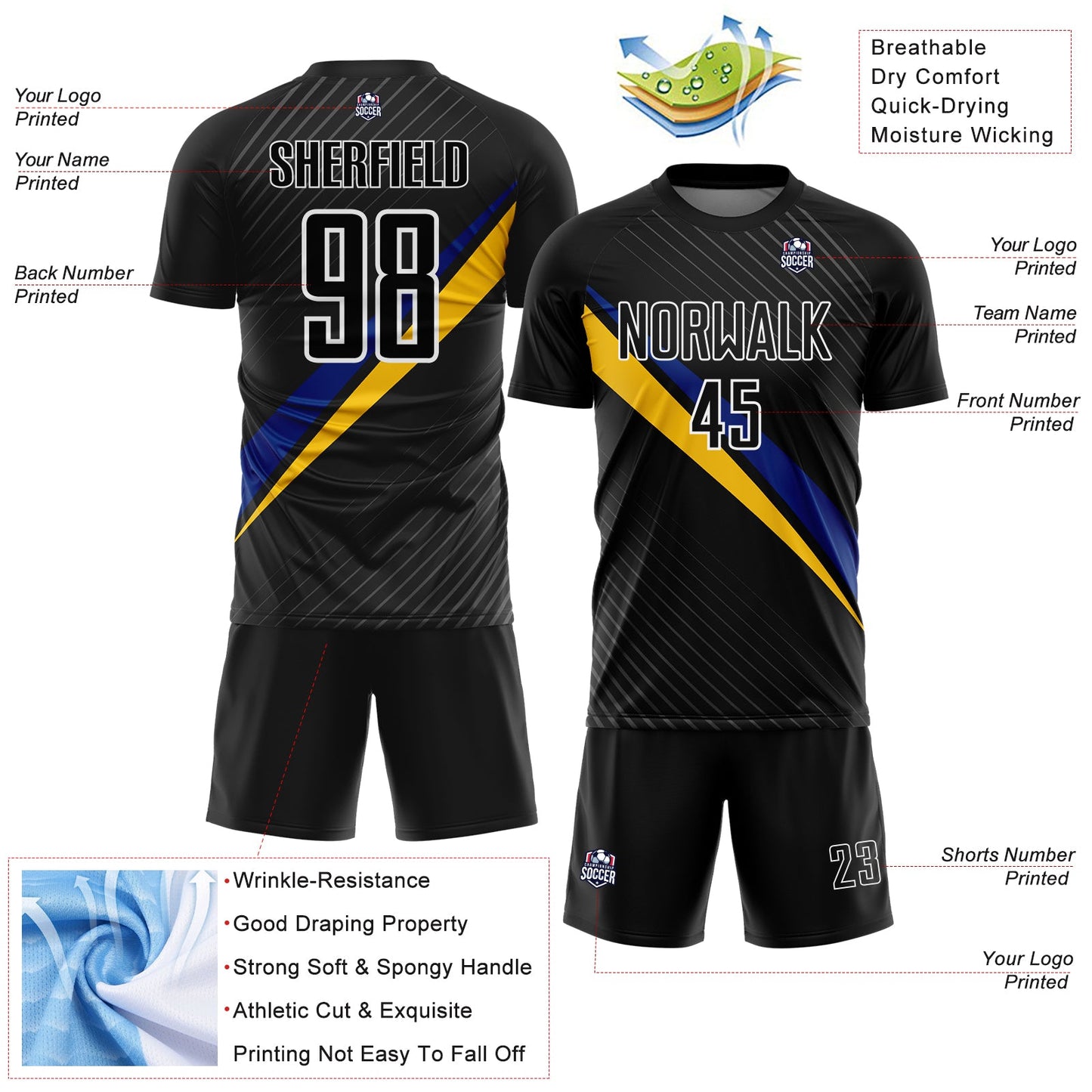 Custom Black White Royal-Yellow Diagonal Stripes Sports Sublimation Soccer Uniform Jersey view 4