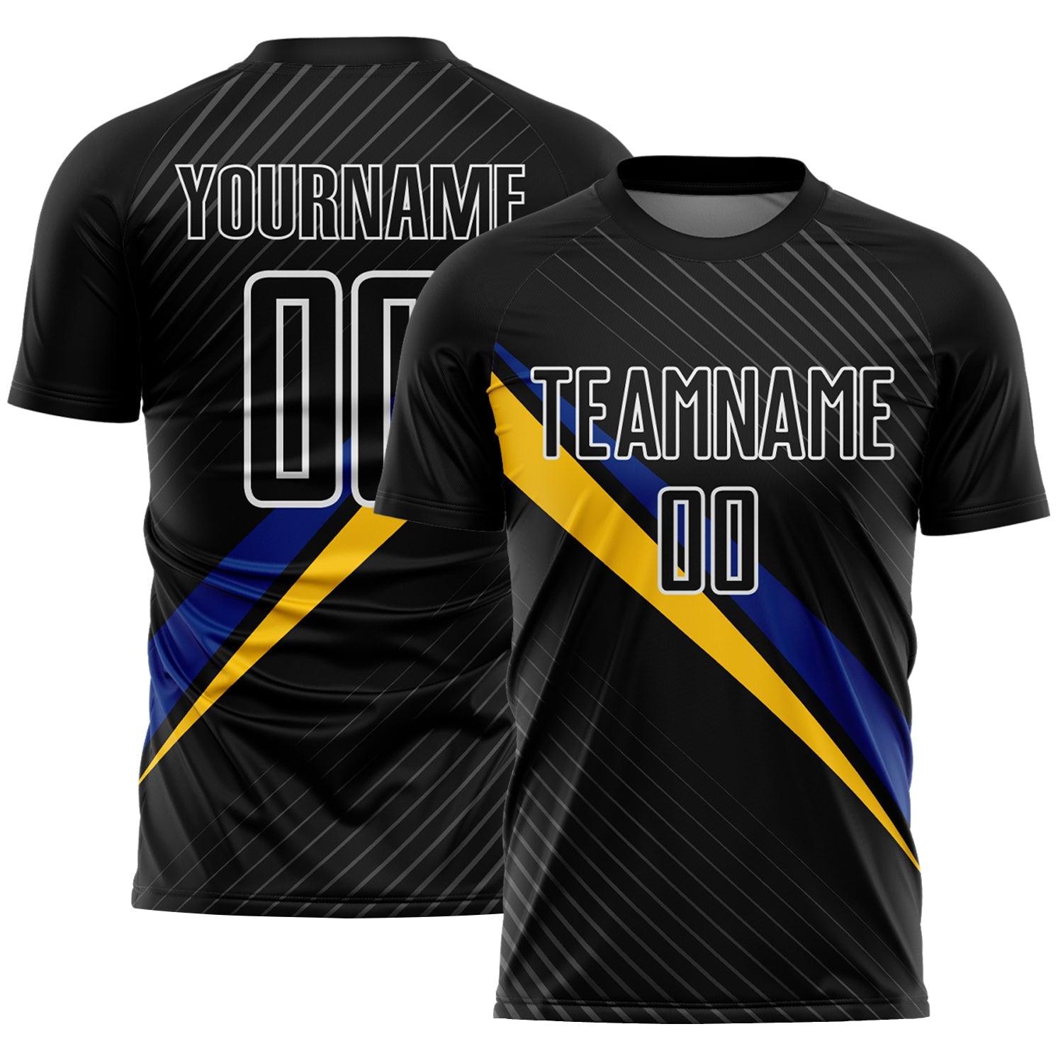Custom Black White Royal-Yellow Diagonal Stripes Sports Sublimation Soccer Uniform Jersey - Main View