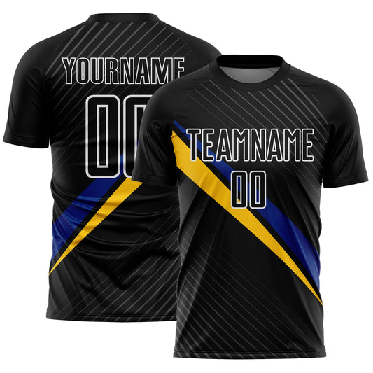 Custom Black White Royal-Yellow Diagonal Stripes Sports Sublimation Soccer Uniform Jersey - Main View