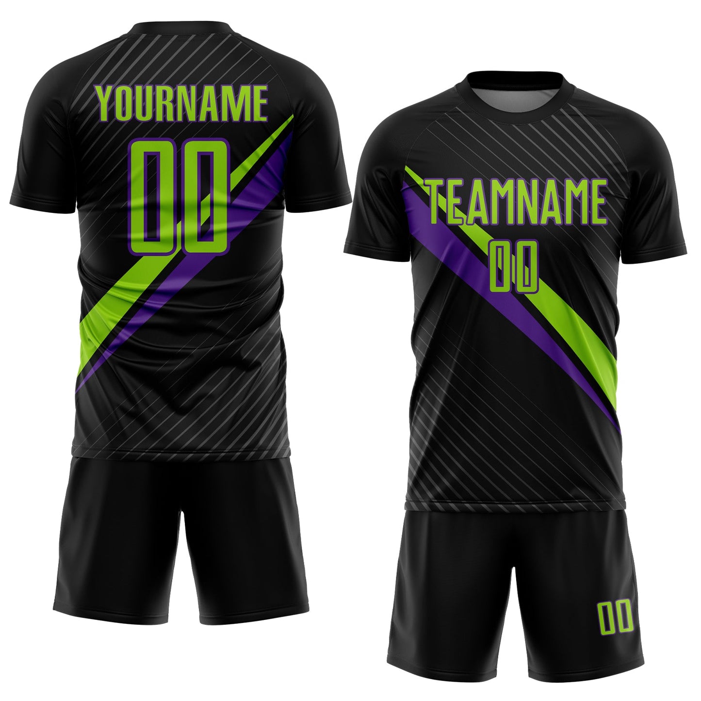 Custom Black Neon Green-Purple Diagonal Stripes Sports Sublimation Soccer Uniform Jersey view 2