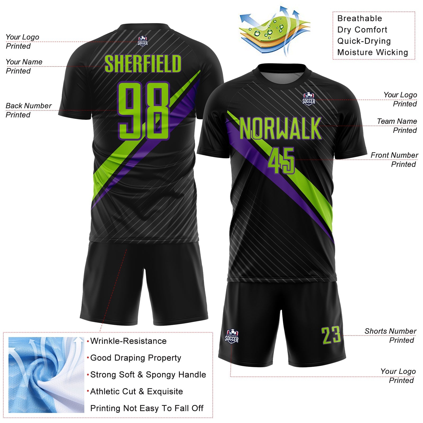 Custom Black Neon Green-Purple Diagonal Stripes Sports Sublimation Soccer Uniform Jersey view 4