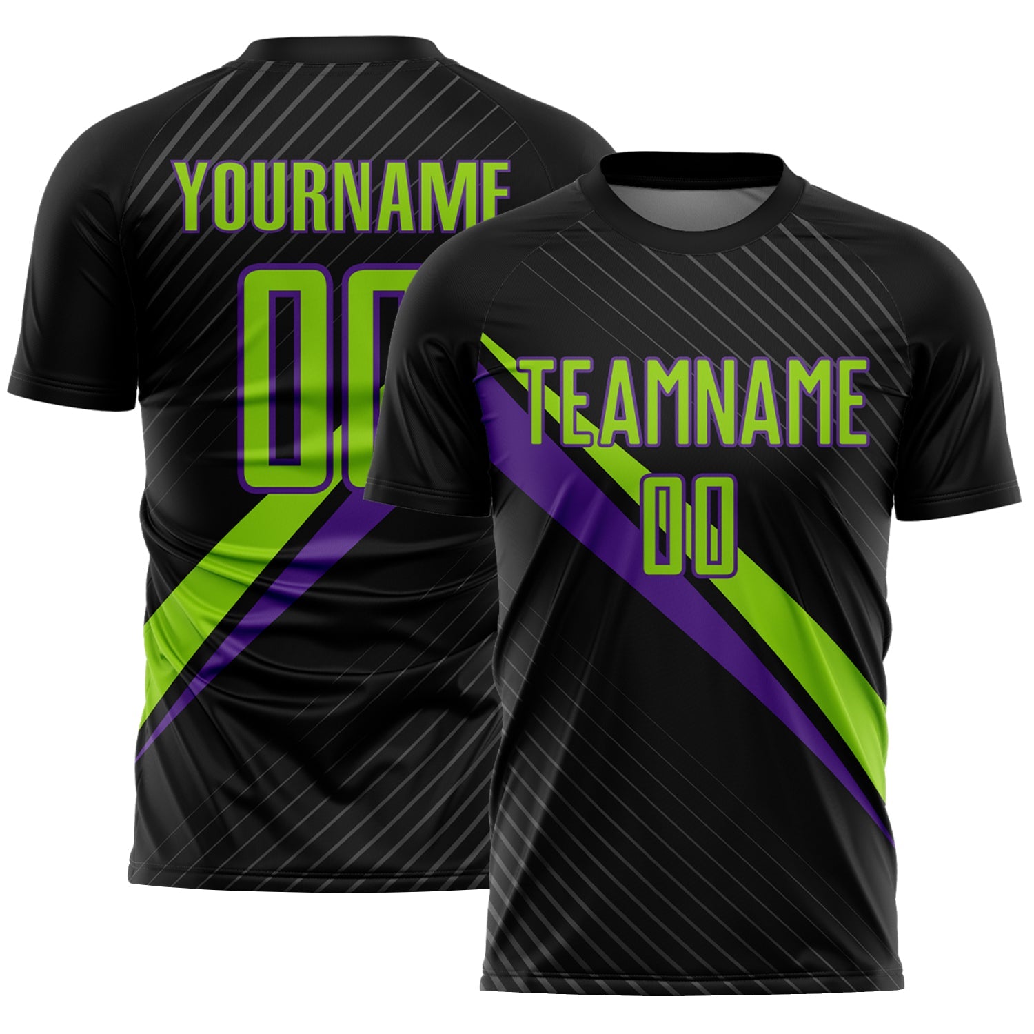 Custom Black Neon Green-Purple Diagonal Stripes Sports Sublimation Soccer Uniform Jersey - Main View