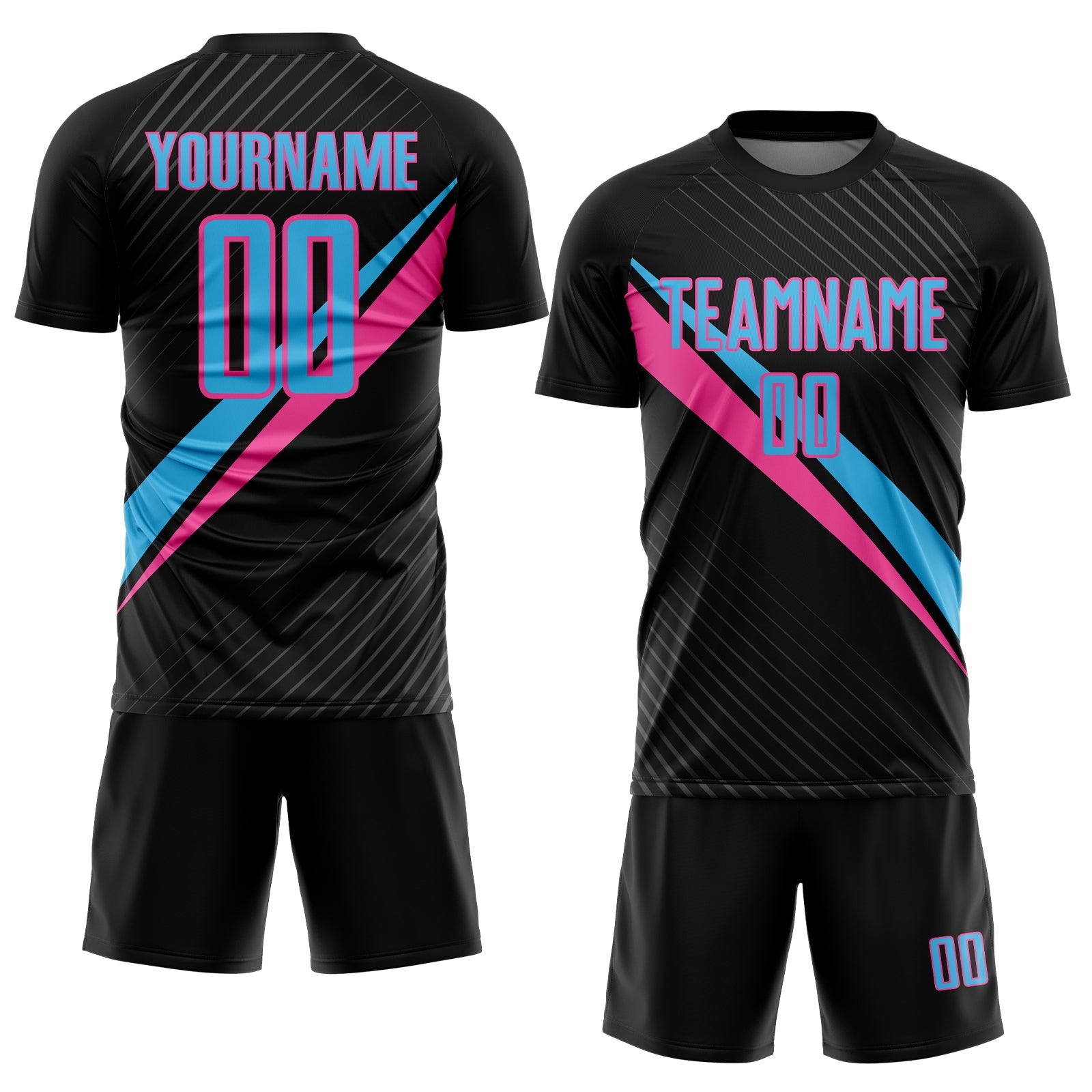 Custom Black Sky Blue-Pink Diagonal Stripes Sports Sublimation Soccer Uniform Jersey view 2
