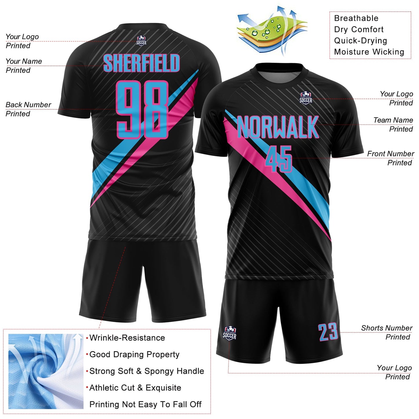 Custom Black Sky Blue-Pink Diagonal Stripes Sports Sublimation Soccer Uniform Jersey view 4