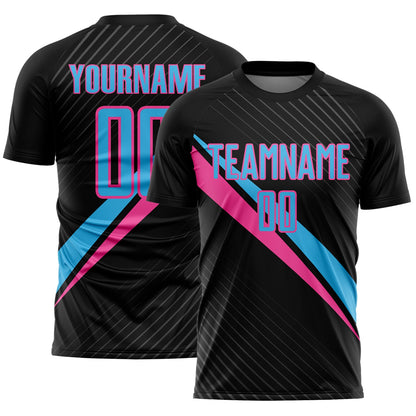 Custom Black Sky Blue-Pink Diagonal Stripes Sports Sublimation Soccer Uniform Jersey - Main View