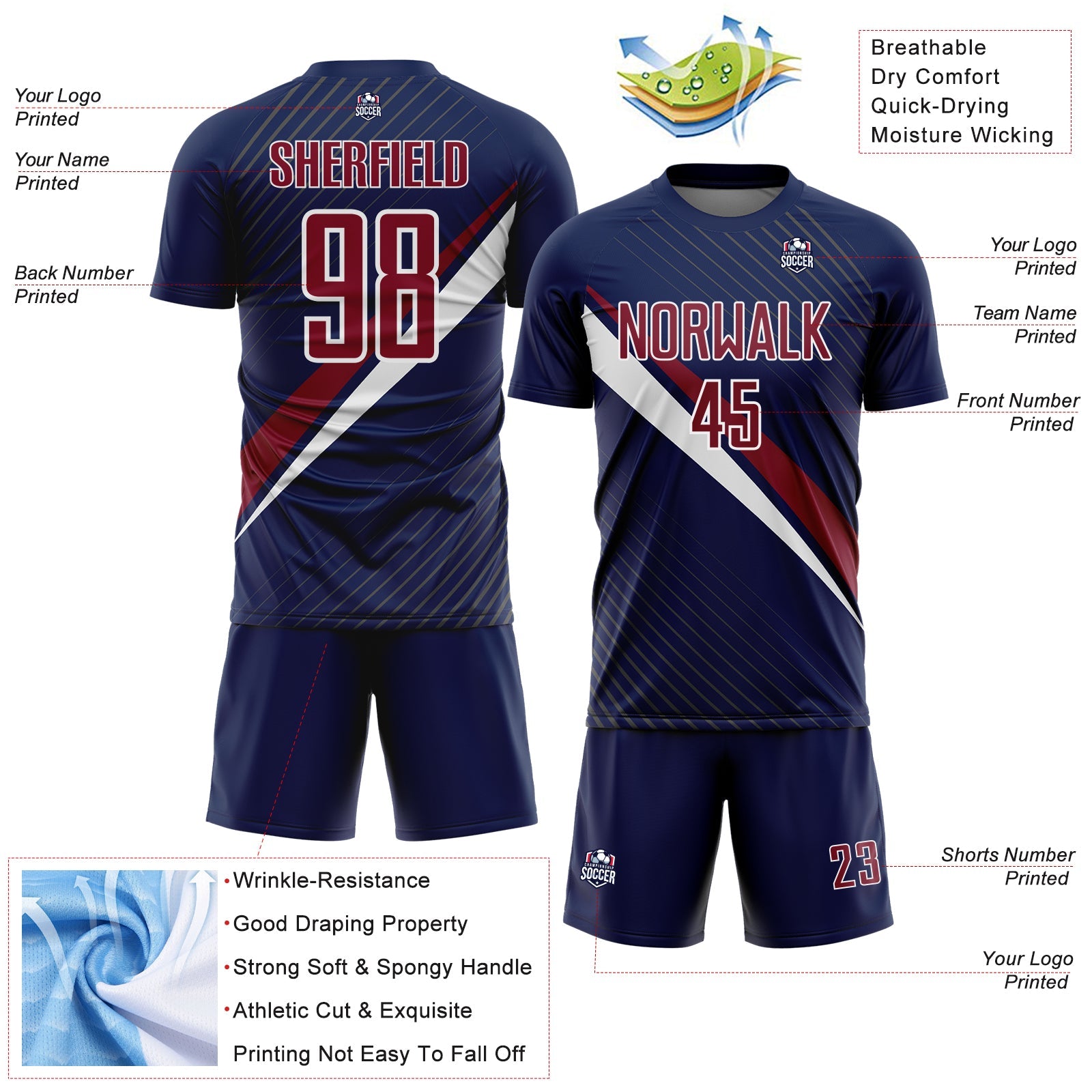 Custom Navy Crimson-White Diagonal Stripes Sports Sublimation Soccer Uniform Jersey view 4