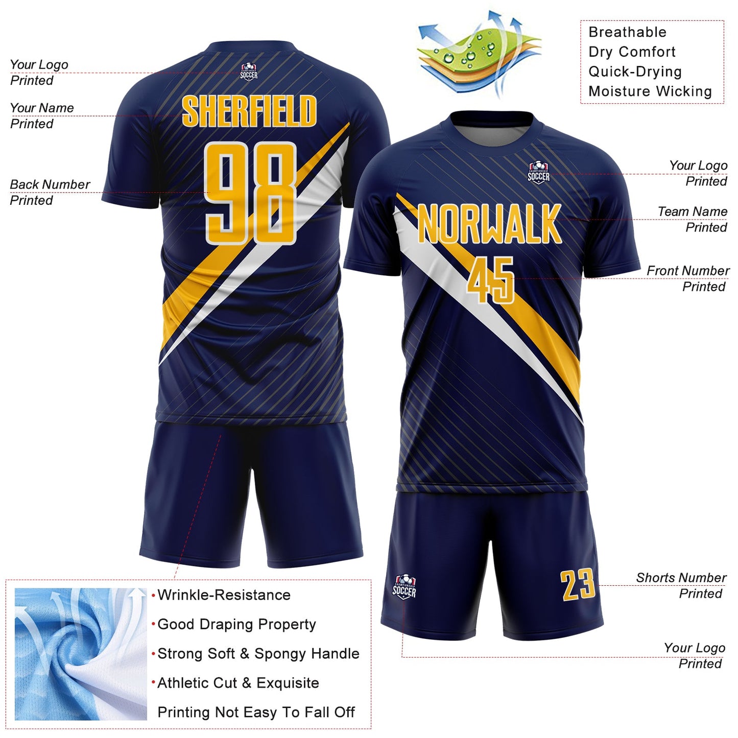 Custom Navy Gold-White Diagonal Stripes Sports Sublimation Soccer Uniform Jersey view 4