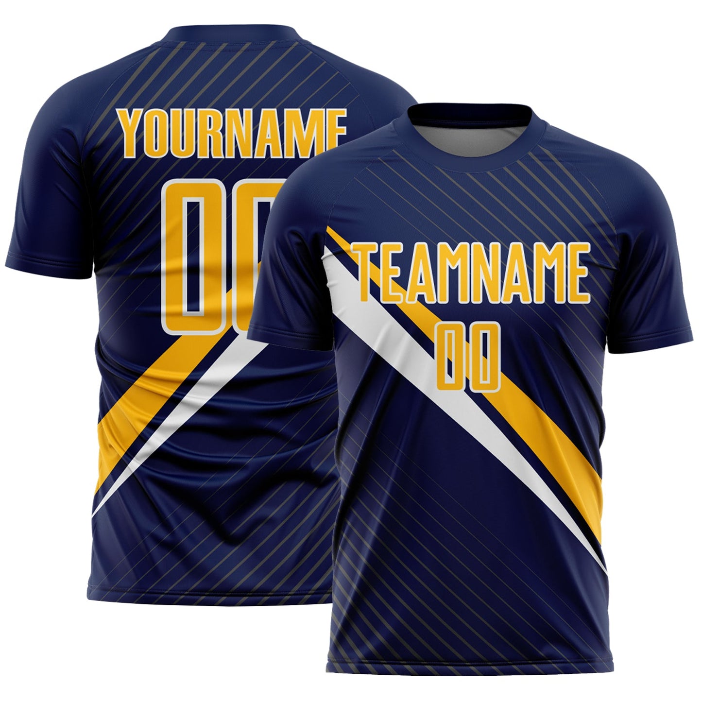 Custom Navy Gold-White Diagonal Stripes Sports Sublimation Soccer Uniform Jersey - Main View