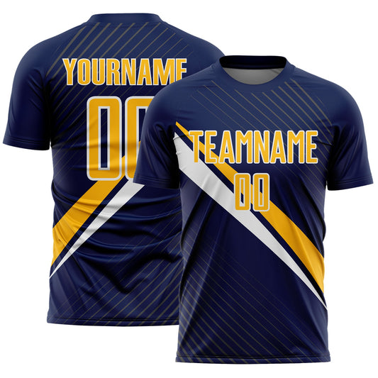 Custom Navy Gold-White Diagonal Stripes Sports Sublimation Soccer Uniform Jersey - Main View
