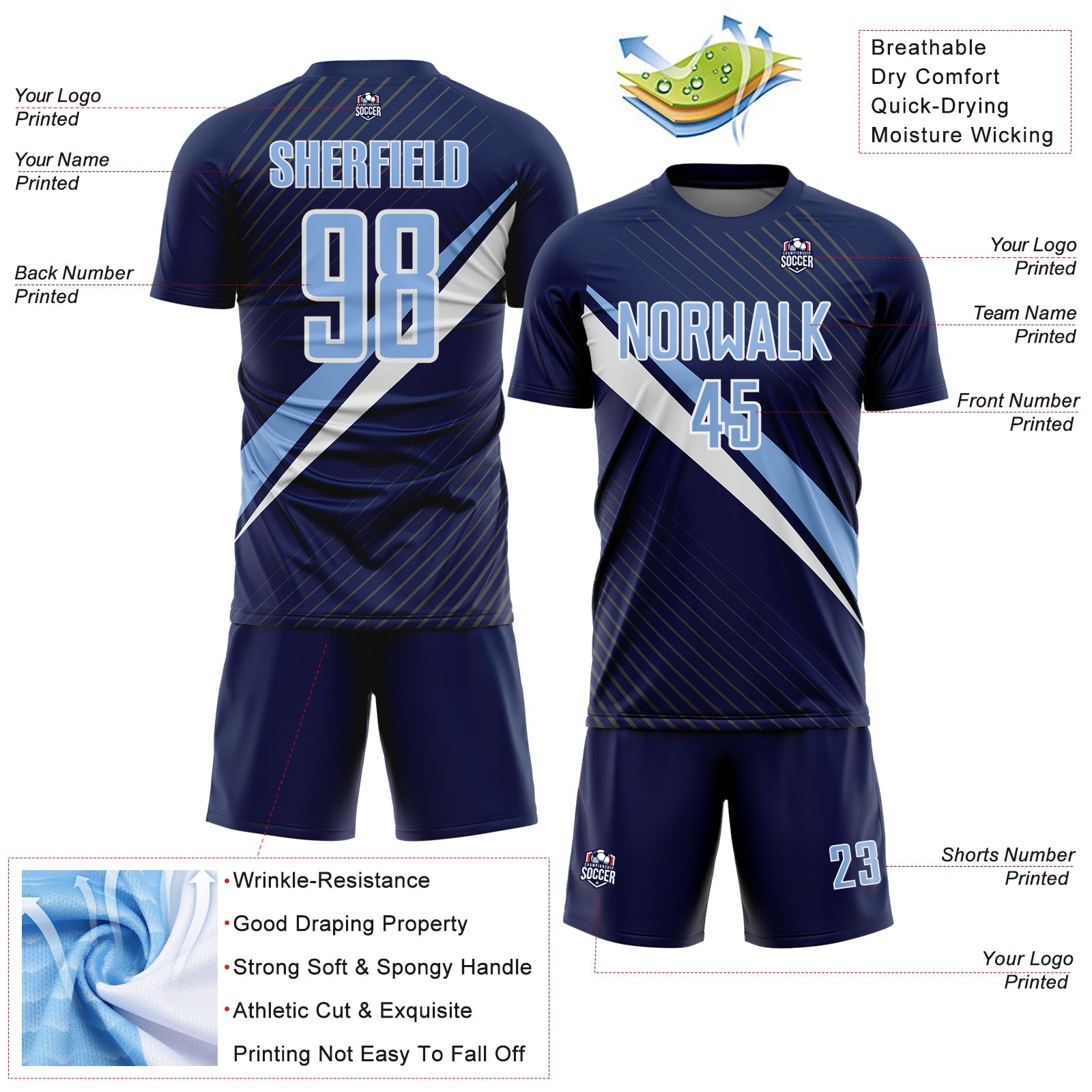 Custom Navy Light Blue-White Diagonal Stripes Sports Sublimation Soccer Uniform Jersey view 4
