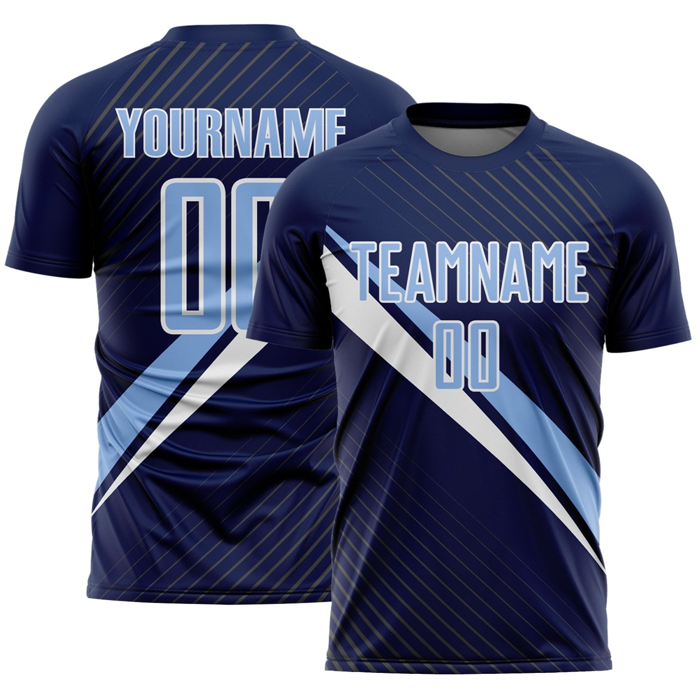 Custom Navy Light Blue-White Diagonal Stripes Sports Sublimation Soccer Uniform Jersey - Main View