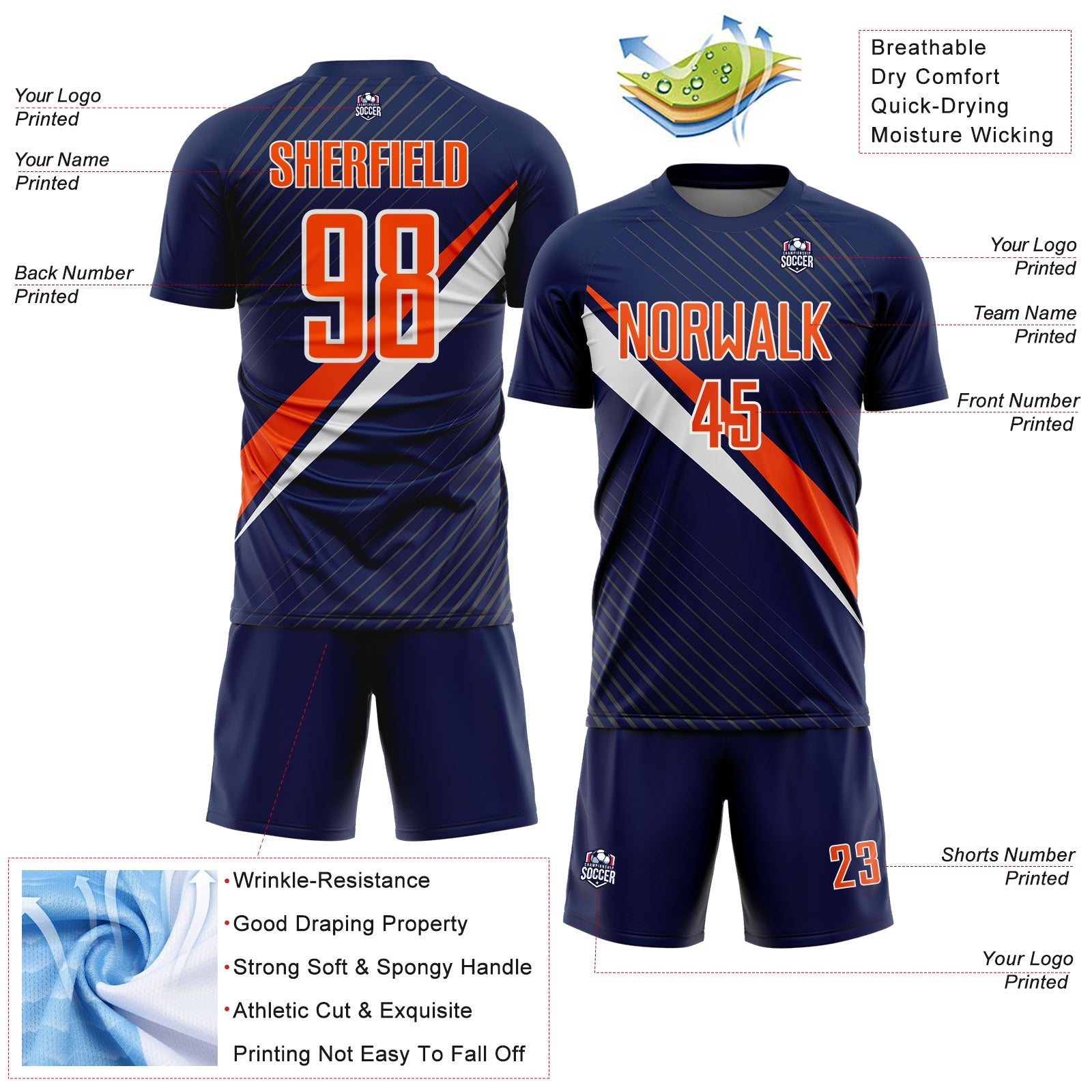 Custom Navy Orange-White Diagonal Stripes Sports Sublimation Soccer Uniform Jersey view 4