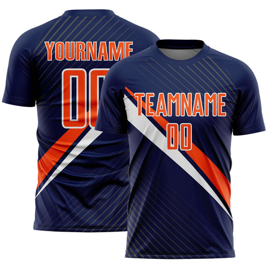 Custom Navy Orange-White Diagonal Stripes Sports Sublimation Soccer Uniform Jersey - Main View