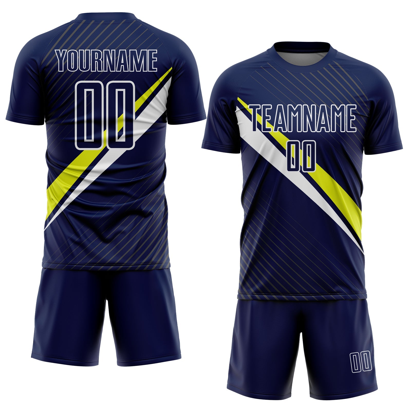 Custom Navy White-Neon Yellow Diagonal Stripes Sports Sublimation Soccer Uniform Jersey view 2