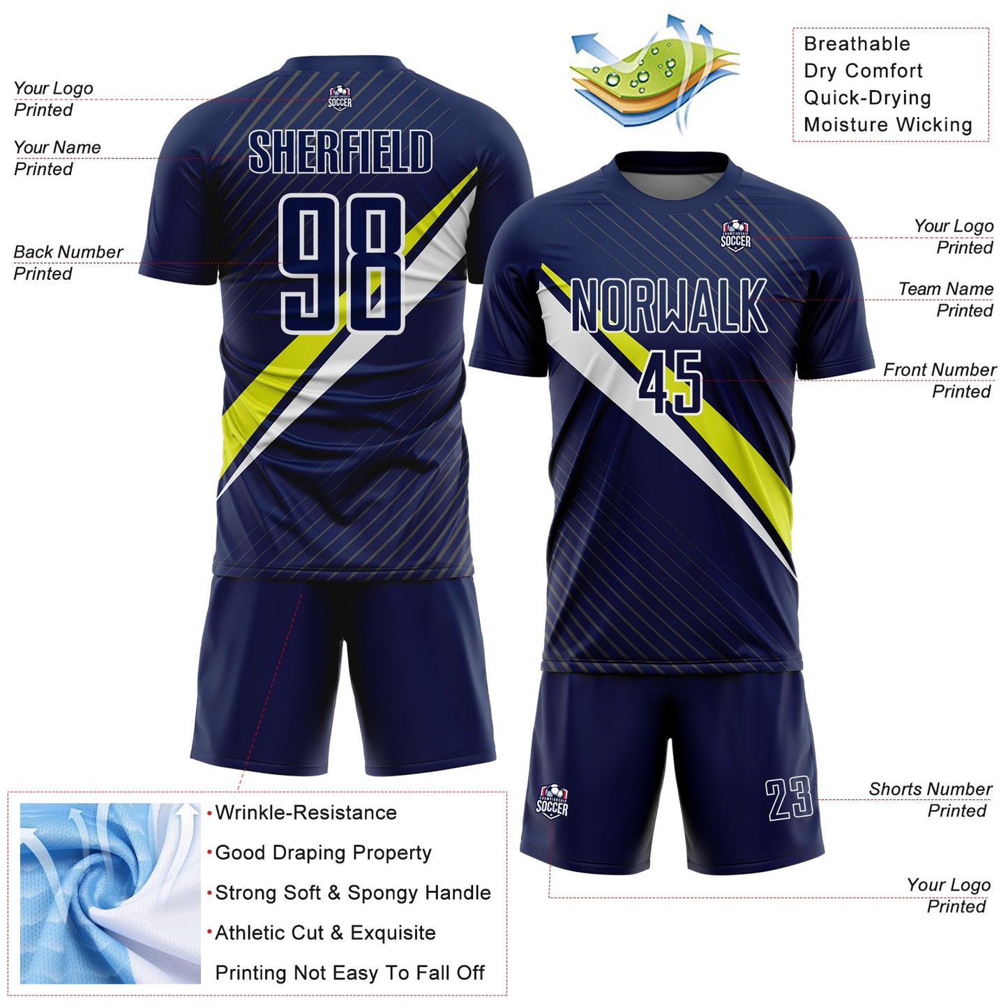 Custom Navy White-Neon Yellow Diagonal Stripes Sports Sublimation Soccer Uniform Jersey view 4