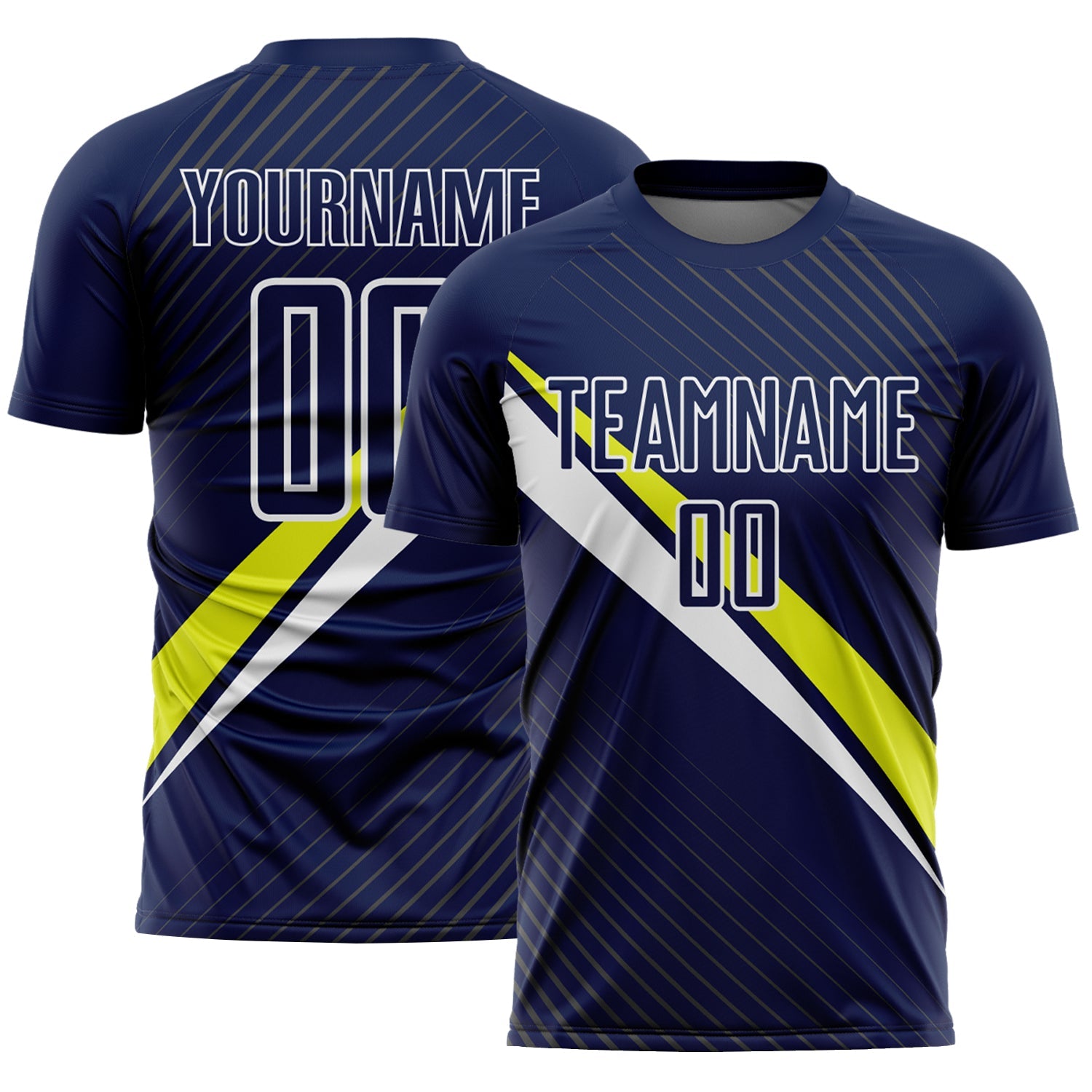 Custom Navy White-Neon Yellow Diagonal Stripes Sports Sublimation Soccer Uniform Jersey - Main View