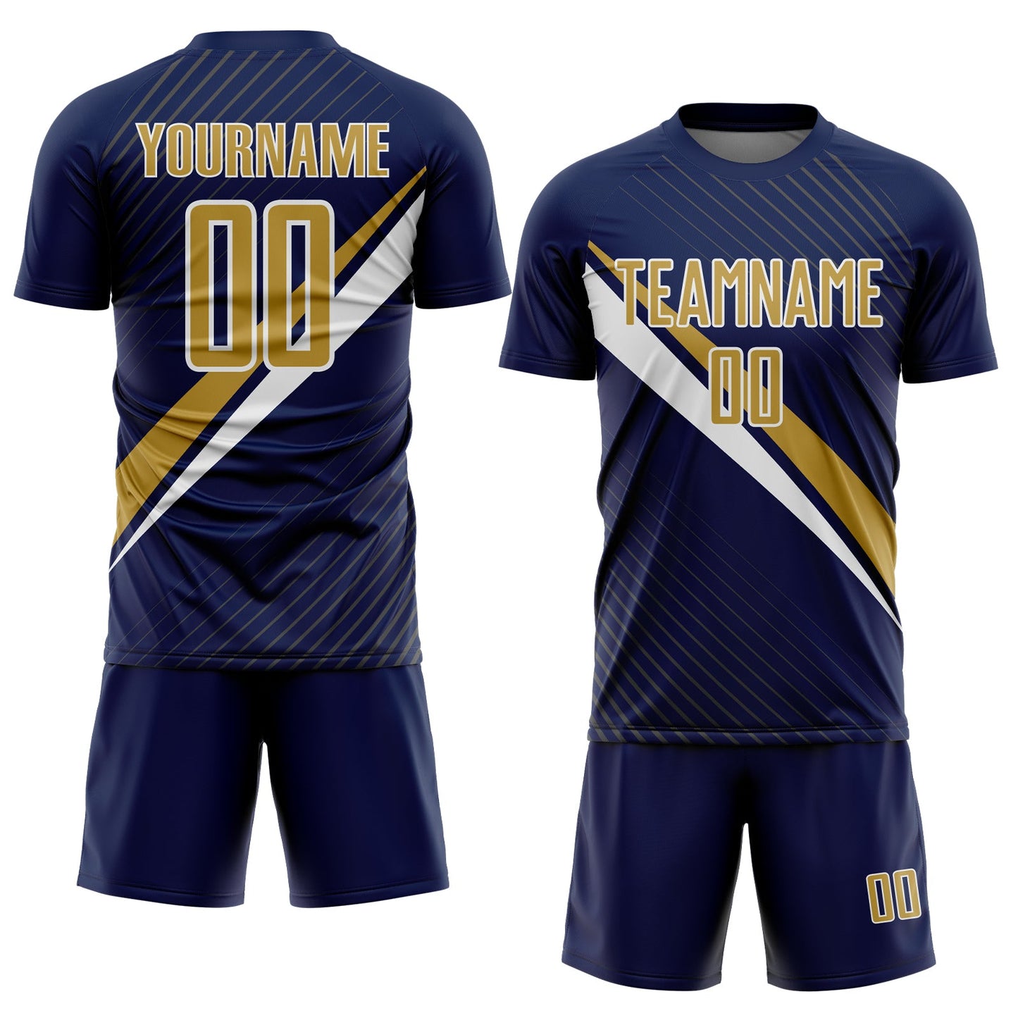 Custom Navy Old Gold-White Diagonal Stripes Sports Sublimation Soccer Uniform Jersey view 2