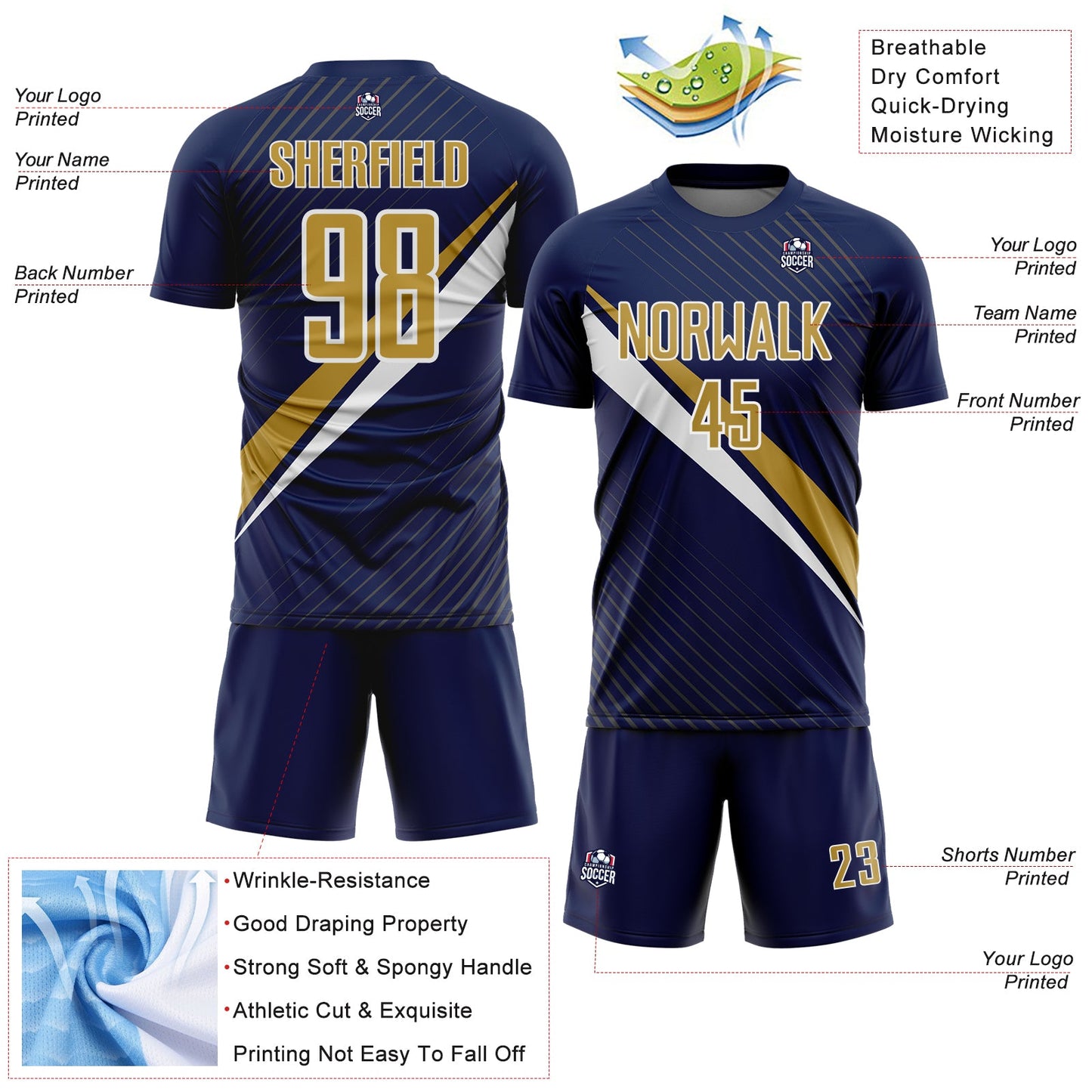 Custom Navy Old Gold-White Diagonal Stripes Sports Sublimation Soccer Uniform Jersey view 4