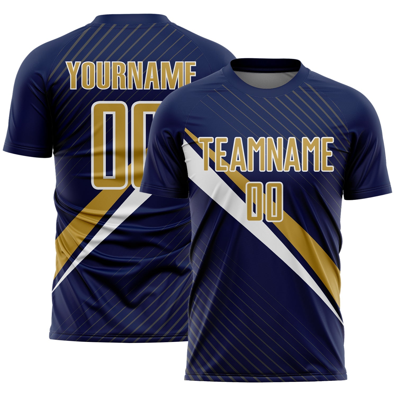 Custom Navy Old Gold-White Diagonal Stripes Sports Sublimation Soccer Uniform Jersey - Main View