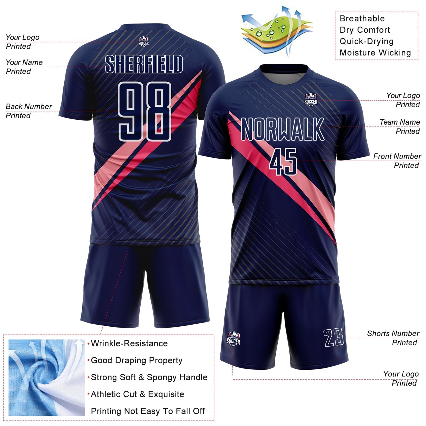 Custom Navy White-Pink Diagonal Stripes Sports Sublimation Soccer Uniform Jersey view 4