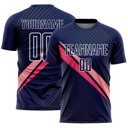Custom Navy White-Pink Diagonal Stripes Sports Sublimation Soccer Uniform Jersey - Main View