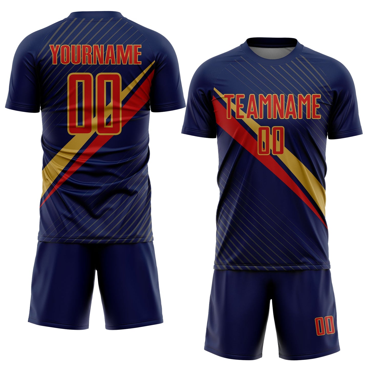 Custom Navy Red-Old Gold Diagonal Stripes Sports Sublimation Soccer Uniform Jersey view 2