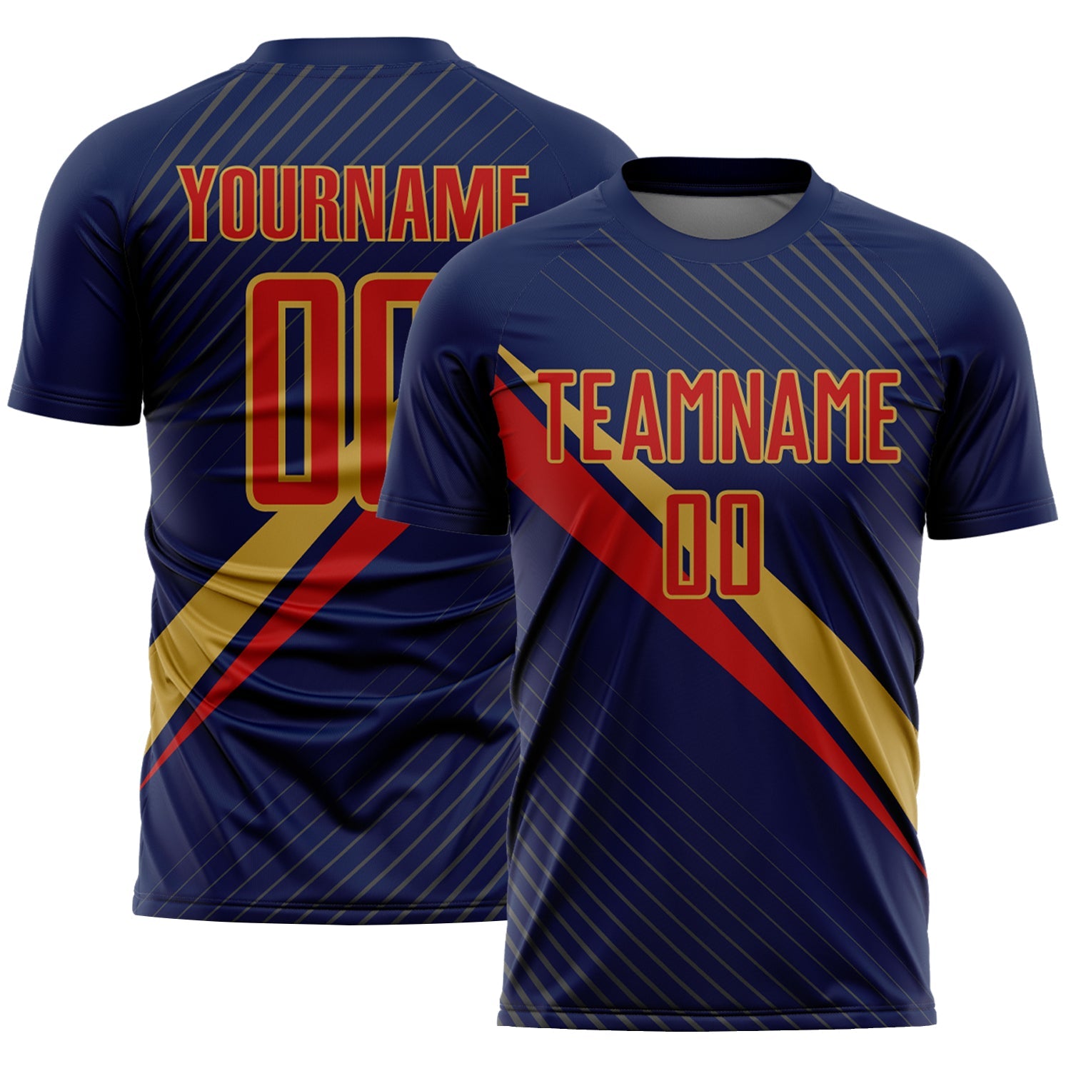 Custom Navy Red-Old Gold Diagonal Stripes Sports Sublimation Soccer Uniform Jersey - Main View