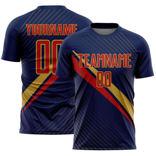 Custom Navy Red-Old Gold Diagonal Stripes Sports Sublimation Soccer Uniform Jersey - Main View