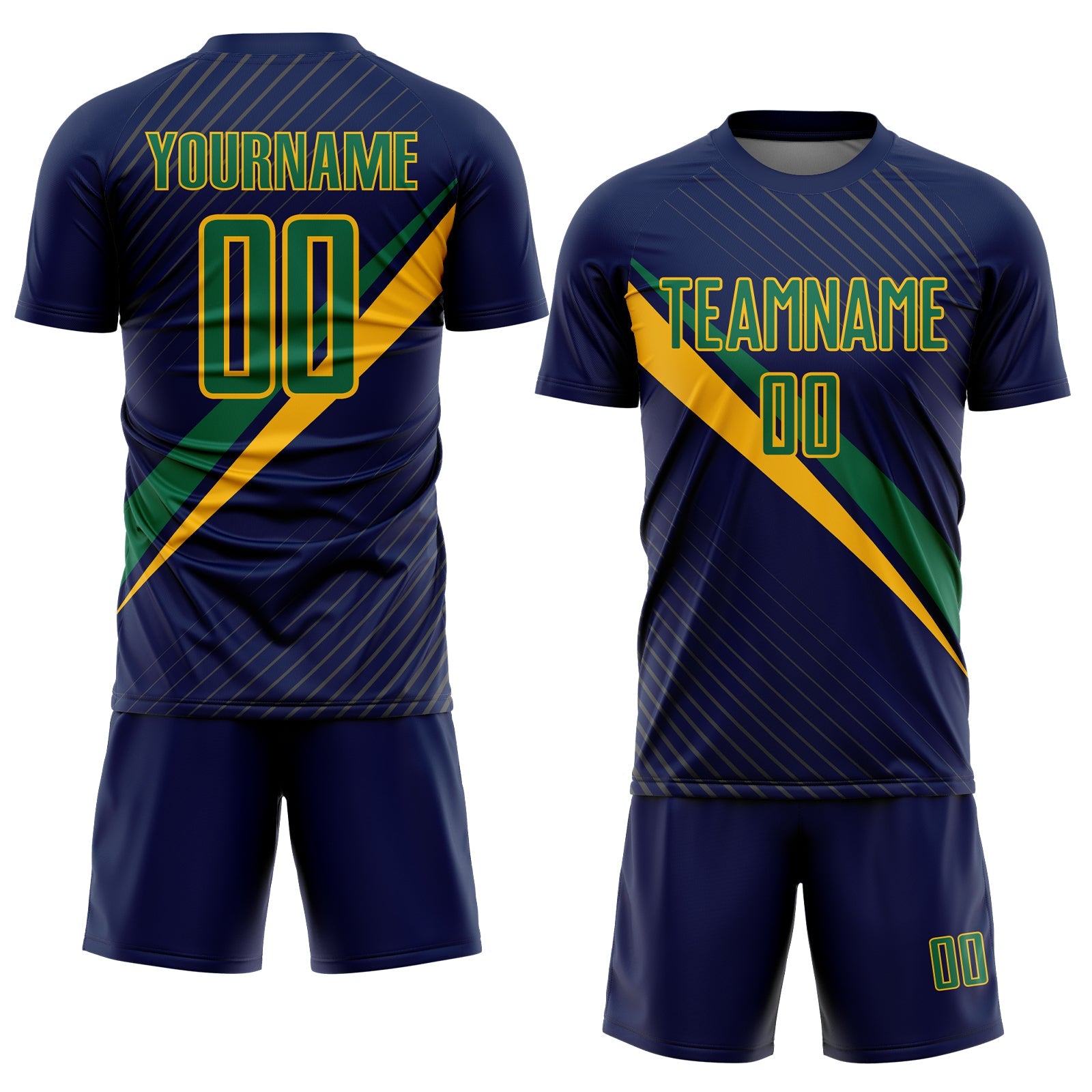 Custom Navy Kelly Green-Gold Diagonal Stripes Sports Sublimation Soccer Uniform Jersey view 2