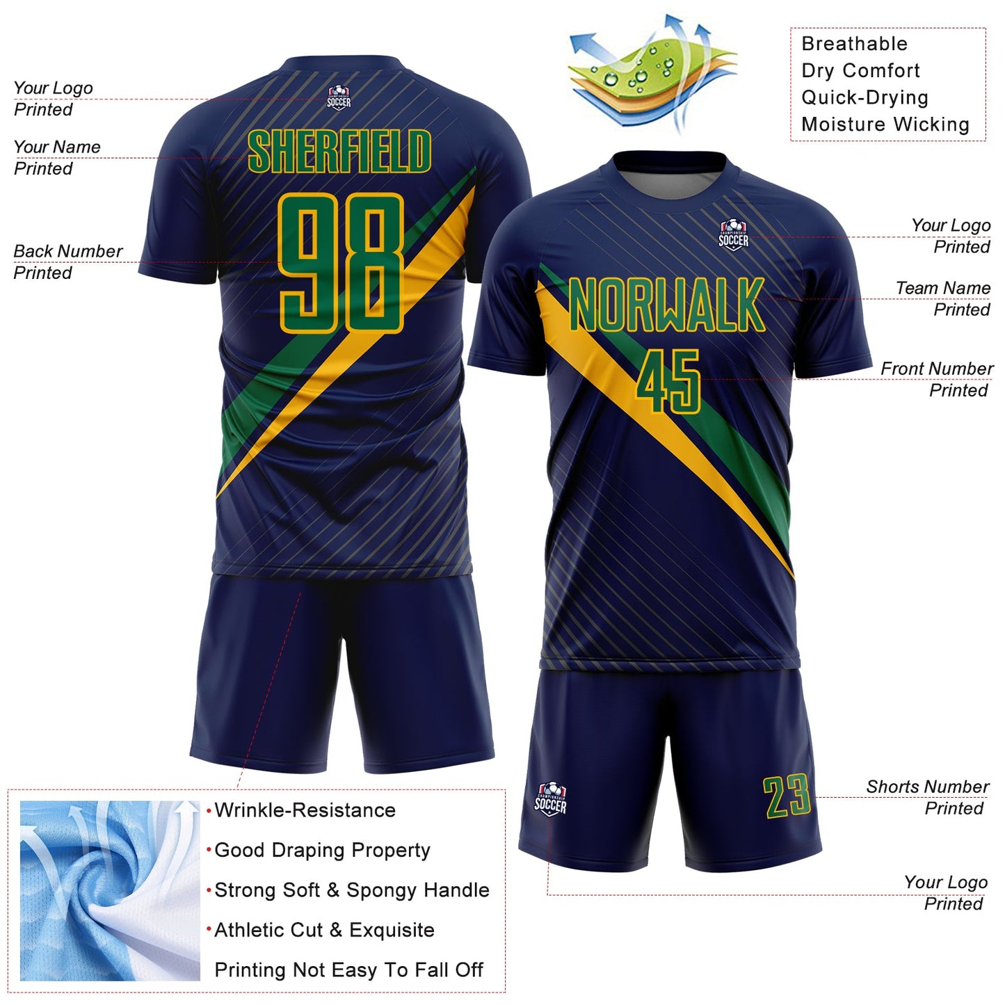 Custom Navy Kelly Green-Gold Diagonal Stripes Sports Sublimation Soccer Uniform Jersey view 4