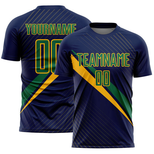 Custom Navy Kelly Green-Gold Diagonal Stripes Sports Sublimation Soccer Uniform Jersey - Main View