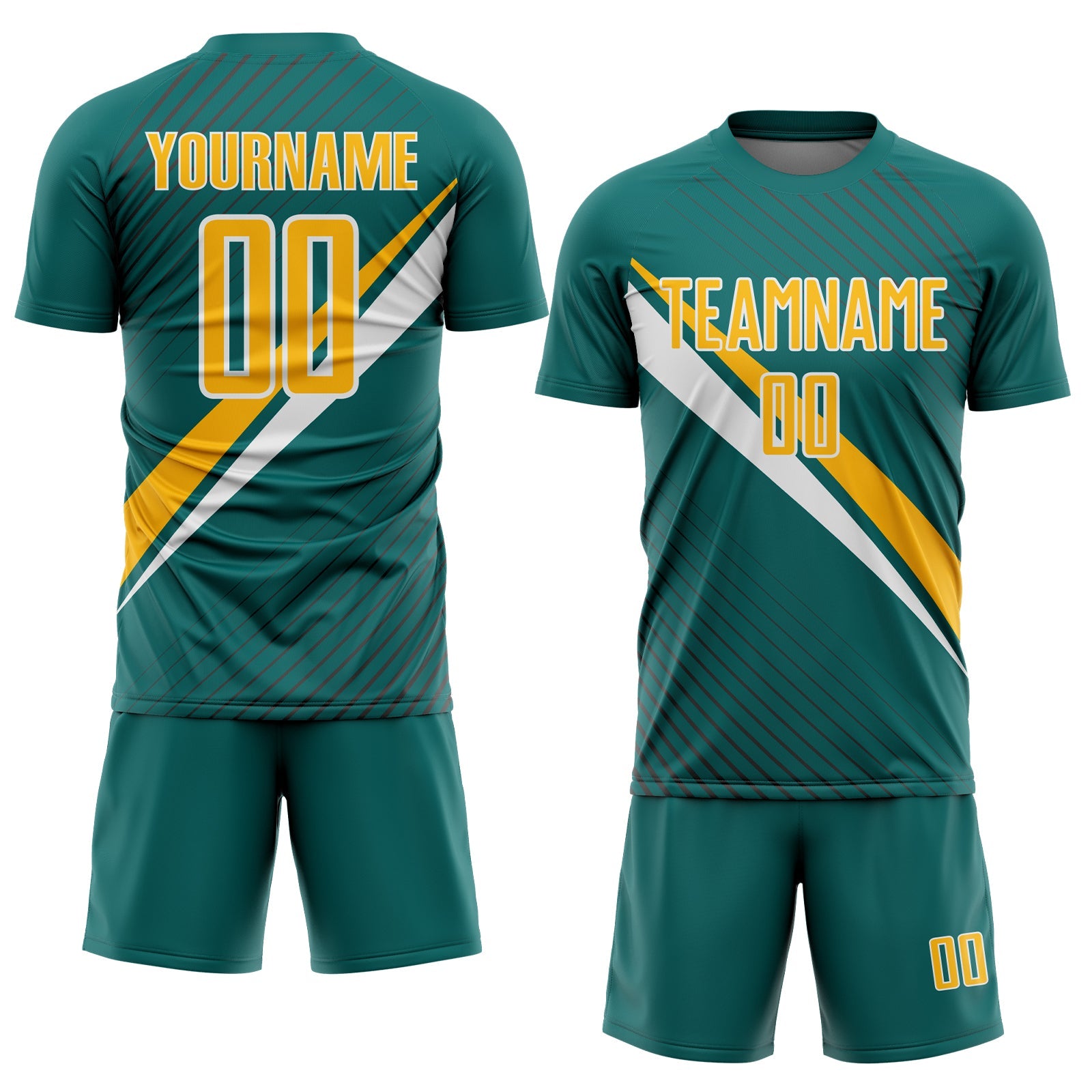 Custom Teal Gold-White Diagonal Stripes Sports Sublimation Soccer Uniform Jersey view 2