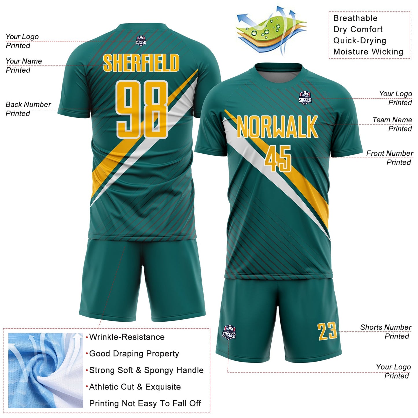 Custom Teal Gold-White Diagonal Stripes Sports Sublimation Soccer Uniform Jersey view 4