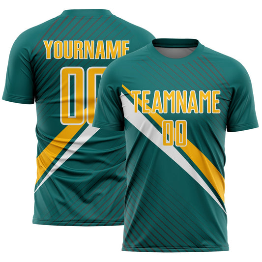Custom Teal Gold-White Diagonal Stripes Sports Sublimation Soccer Uniform Jersey - Main View
